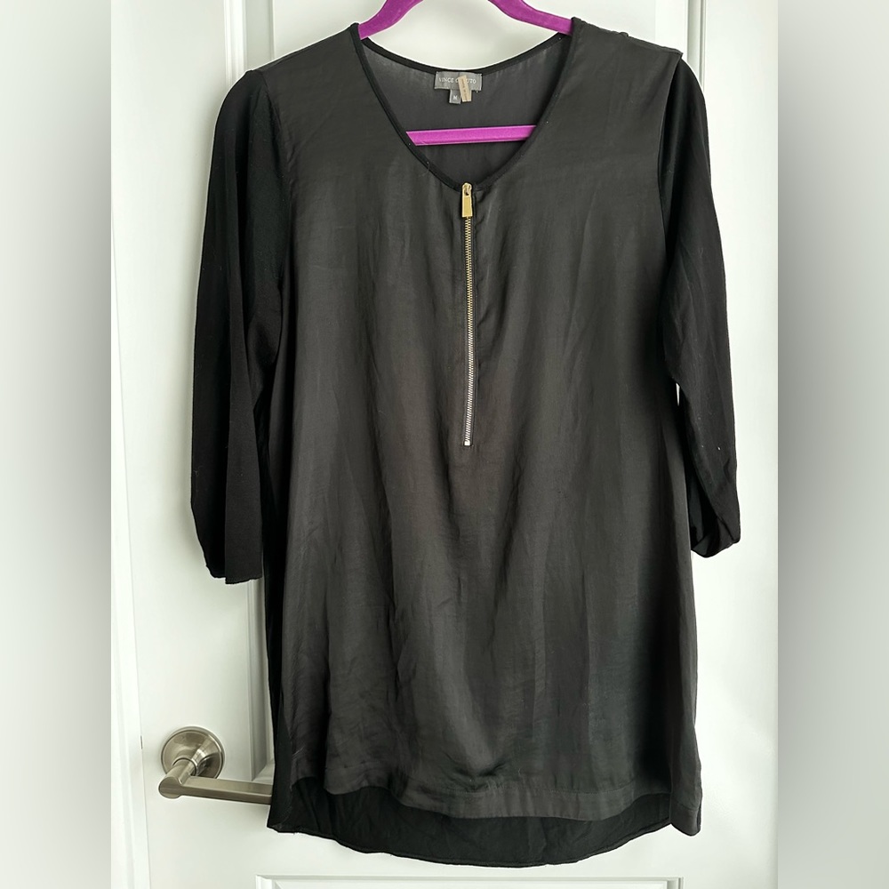 Vince Camuto Satin and Jersey Mix Zipper Top